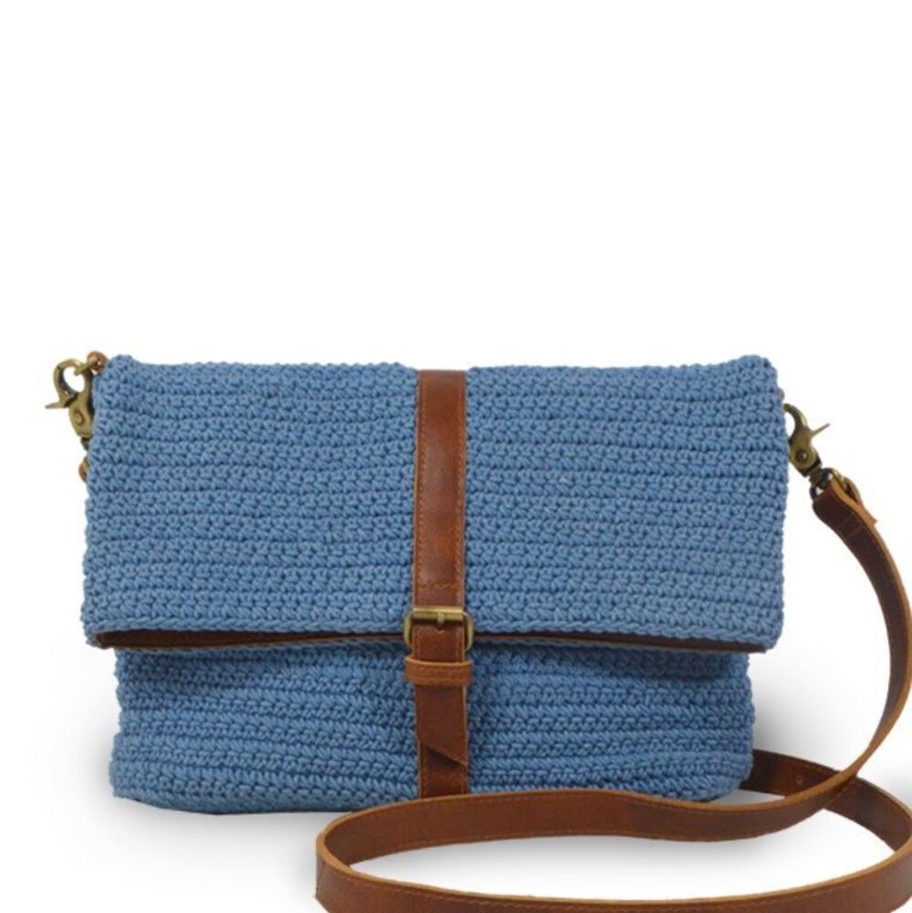 Anabaglish Yolanda knit Fold Over Crossbody woven & leather trim azure blue